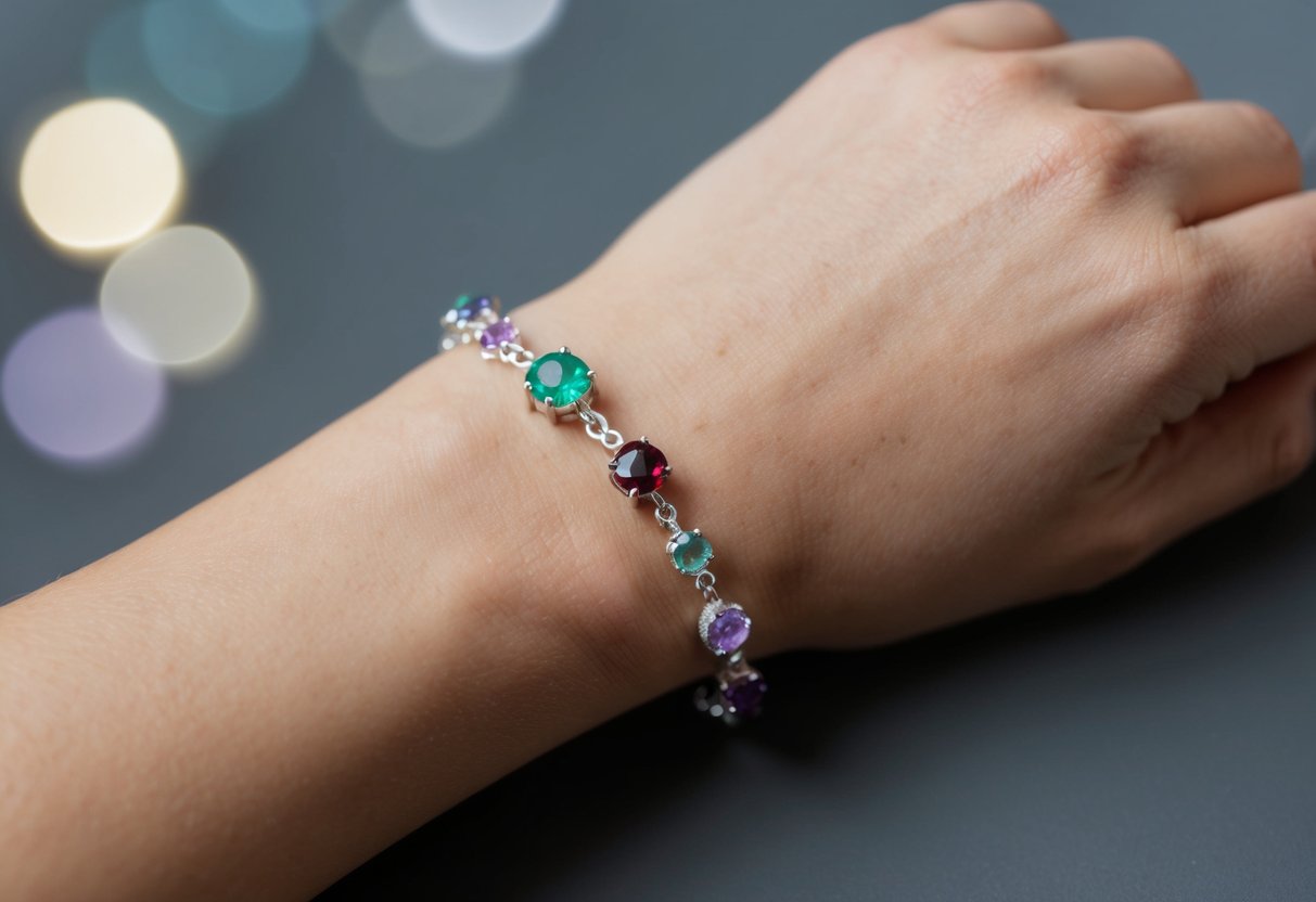 A wrist adorned with a personalized birthstone bracelet, featuring delicate gemstones in various colors and sizes, set in a dainty, silver chain