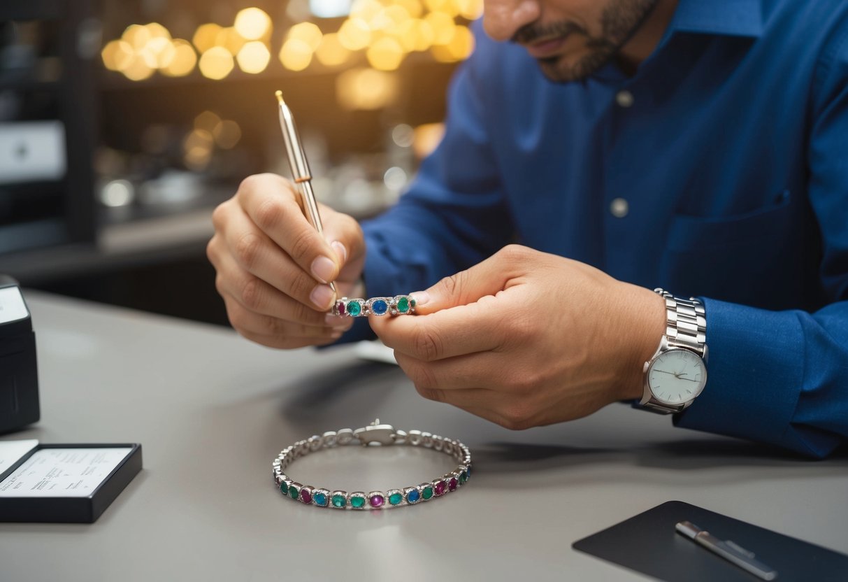 A jeweler carefully engraves a birthstone bracelet, ensuring it meets legal and ethical standards