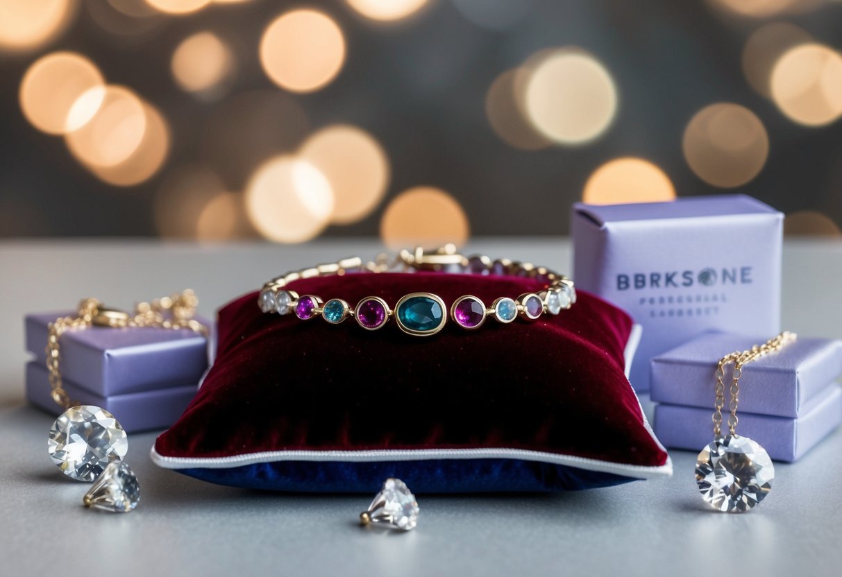 A hand-crafted birthstone bracelet displayed on a velvet pillow, surrounded by sparkling gemstones and delicate packaging