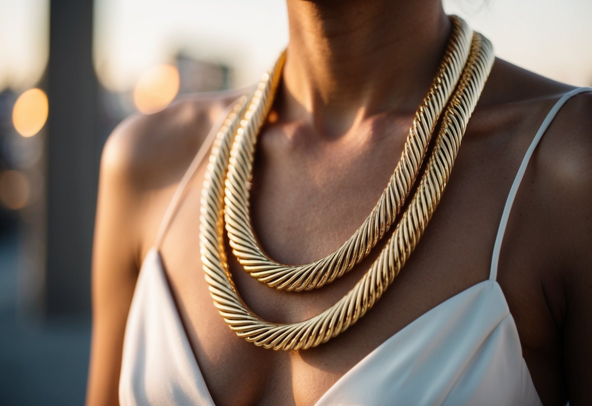 A shimmering gold necklace drapes over a feminine form, catching the light and casting a warm glow