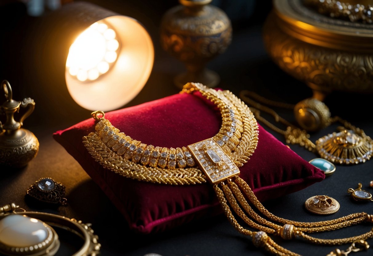 A gold necklace lies on a velvet cushion, surrounded by antique jewelry and artifacts. The warm glow of a spotlight highlights its intricate design and shimmering beauty