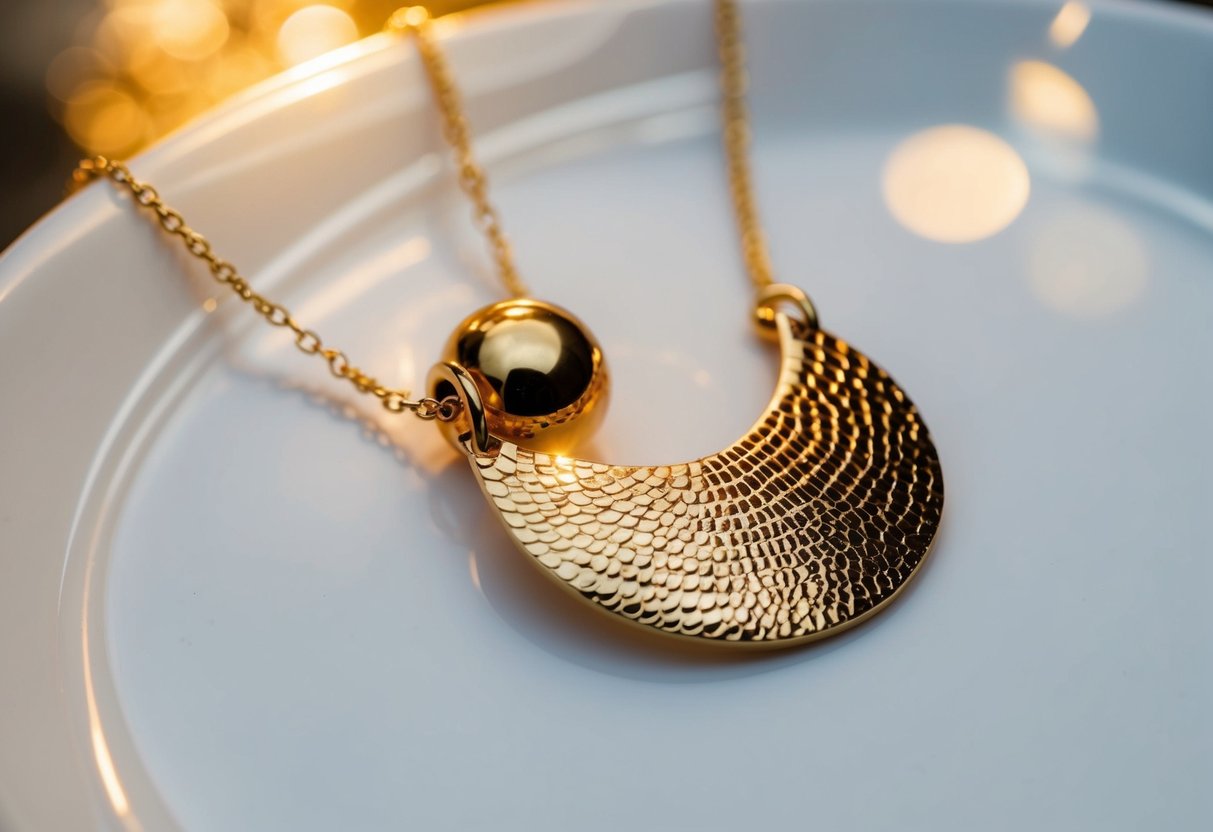 A shimmering gold necklace dangles from a delicate chain, catching the light with its polished surface. Another necklace features a bold, textured design, gleaming with a warm, rich hue