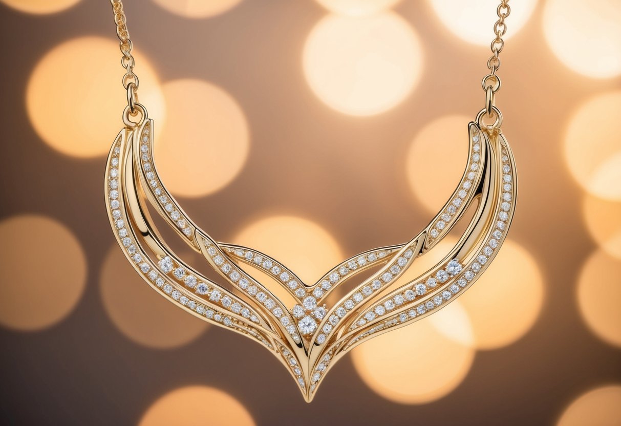 A sleek, elegant gold necklace with intricate designs and stylish details, perfect for women's fashion