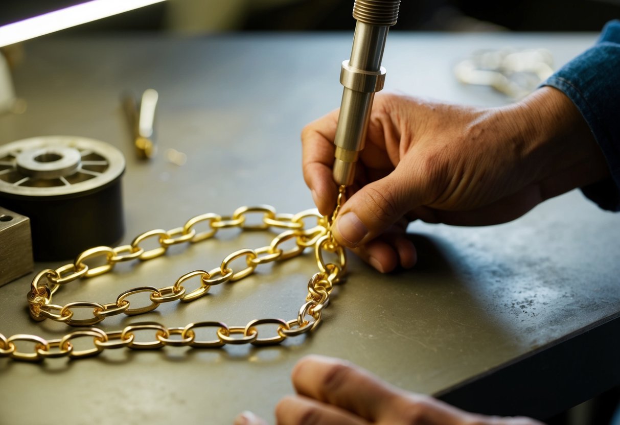 A skilled craftsman meticulously shapes and welds delicate gold links to create an elegant necklace designed for women