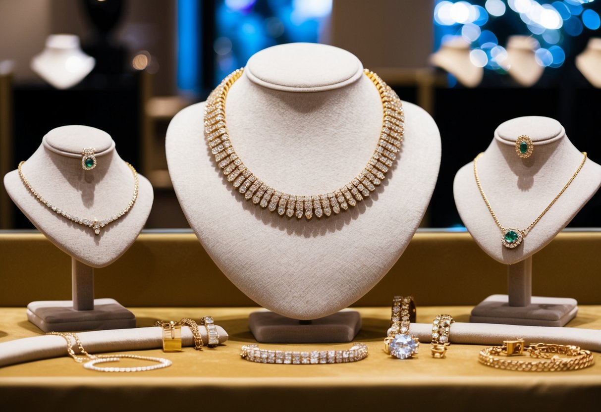 A sparkling gold necklace surrounded by various styles and lengths, displayed on a velvet-lined jewelry stand in a well-lit boutique