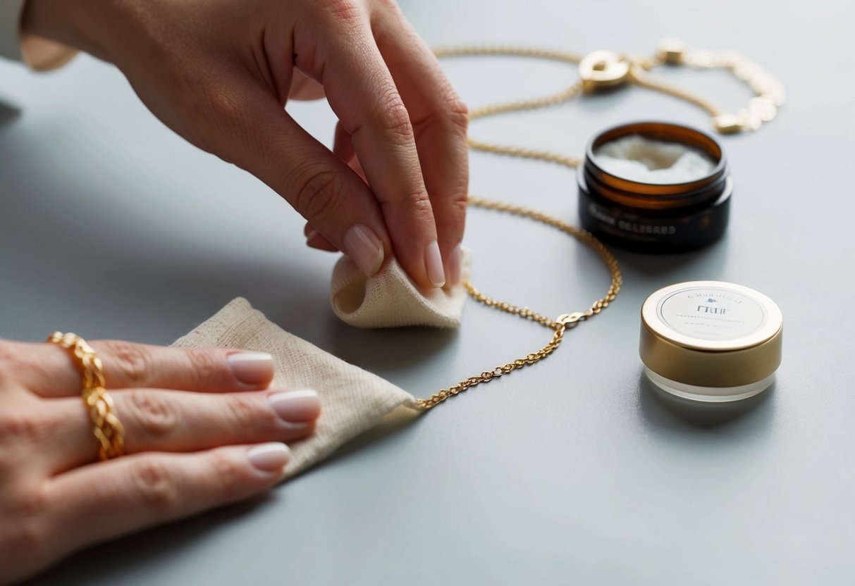 A delicate gold necklace is being gently polished and cleaned with a soft cloth, while a small container of jewelry cleaner sits nearby