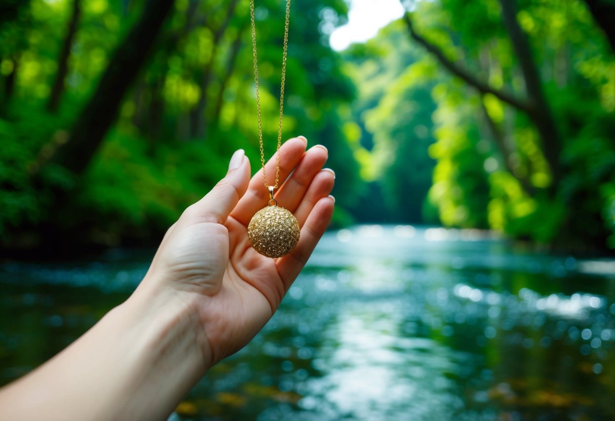 A lush green forest with a sparkling river. A woman's hand reaches for a shimmering gold necklace hanging from a sustainable and ethical source