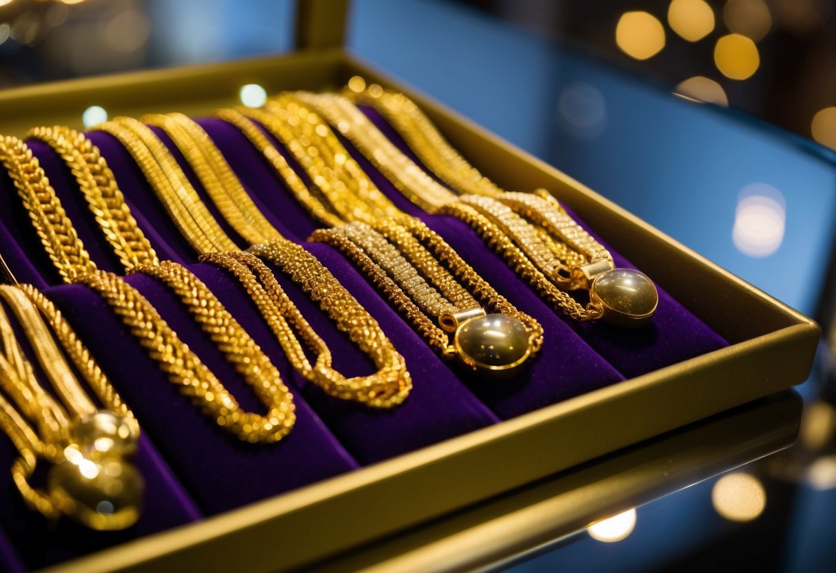 A display of gleaming gold necklaces arranged on a velvet-lined tray, catching the light and casting a warm, luxurious glow