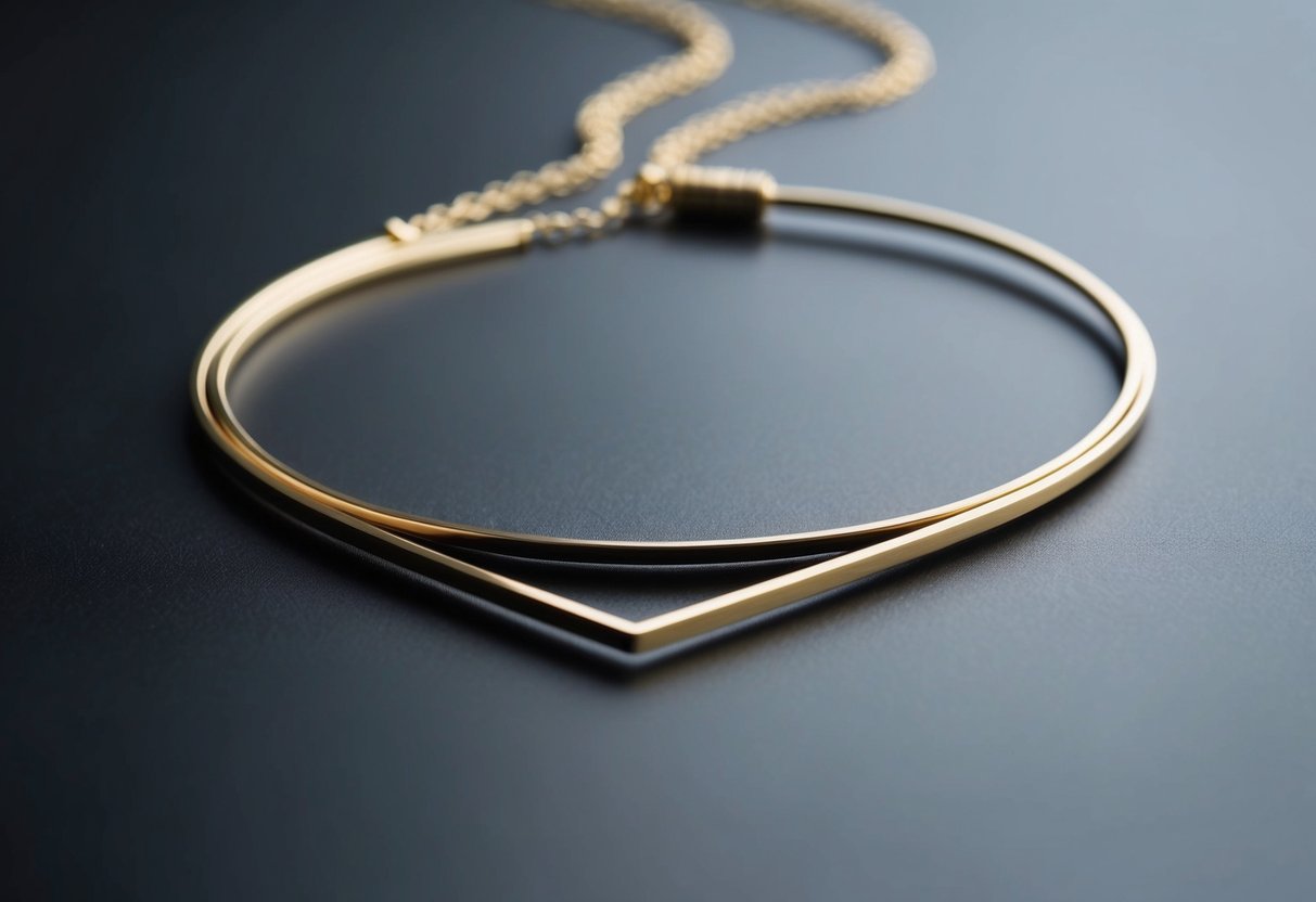 A sleek, minimalist gold necklace with geometric shapes and clean lines. A modern twist on a classic design, perfect for the contemporary woman