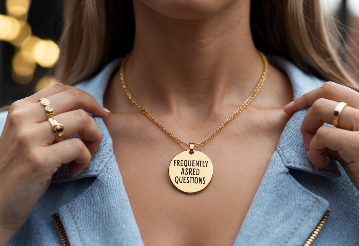 A gold necklace with a pendant featuring the words "Frequently Asked Questions" is being worn by a woman