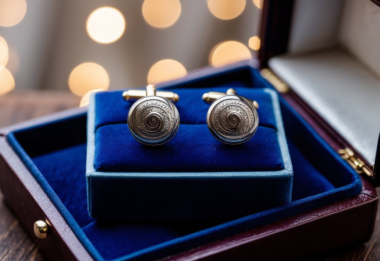 A pair of custom cufflinks displayed on a velvet-lined jewelry box, with intricate designs and polished metal finish