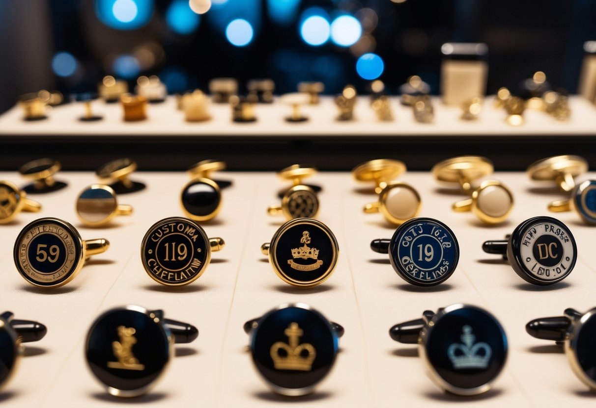 A display of historical custom cufflinks, showcasing various designs and materials used over time, arranged in a chronological order