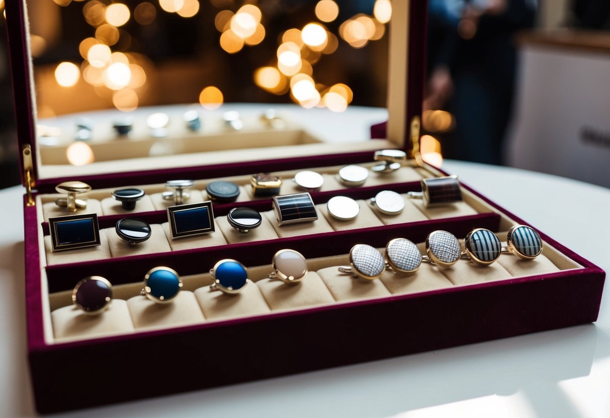 A collection of custom cufflinks arranged on a velvet-lined display case, showcasing various designs, materials, and colors