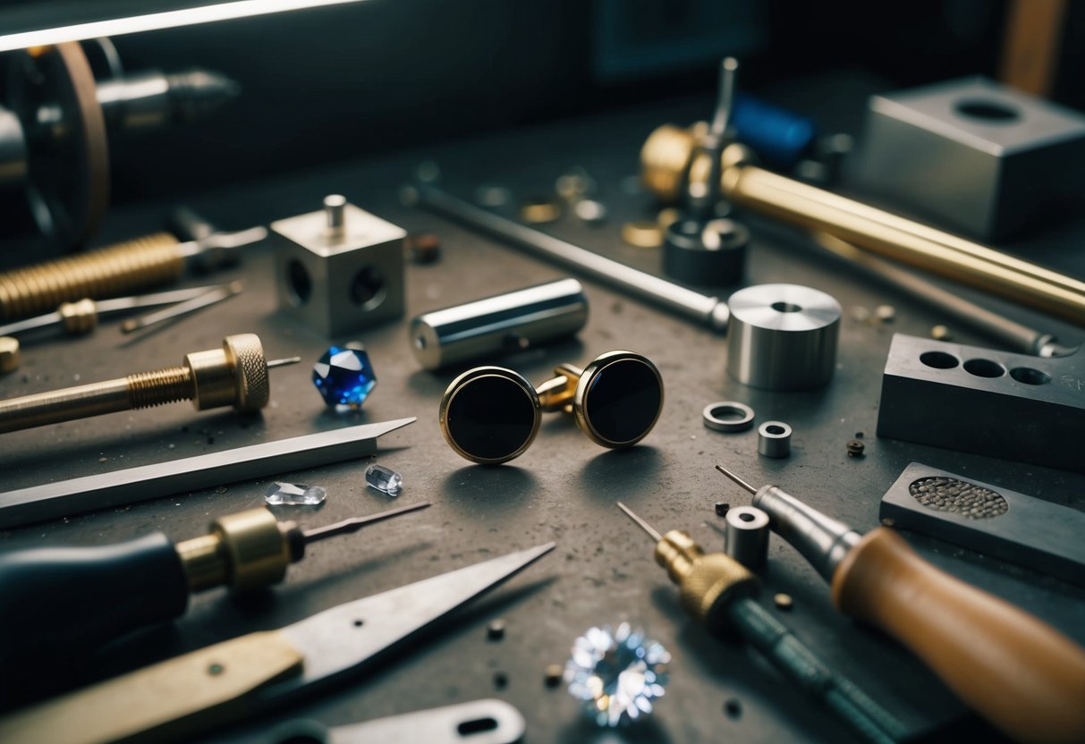 A workbench with various tools and materials scattered around. A pair of cufflinks in the center, with metal, gemstones, and engraving tools nearby