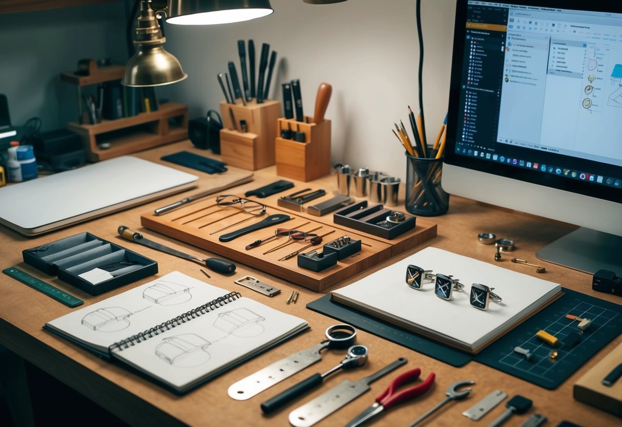 A workbench with various tools and materials for crafting custom cufflinks. A sketchbook with design ideas and a computer with design software are also present