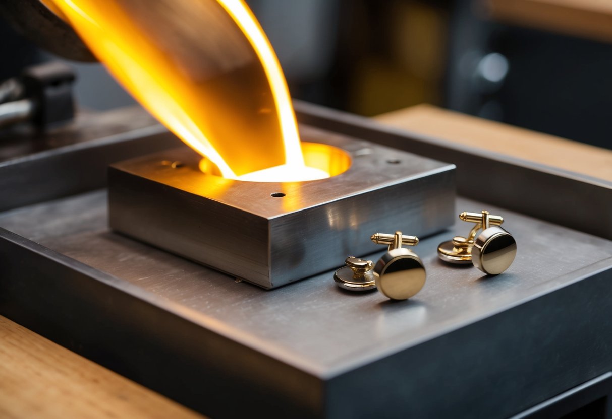 Molten metal poured into mold, cooled, polished, and assembled into custom cufflinks