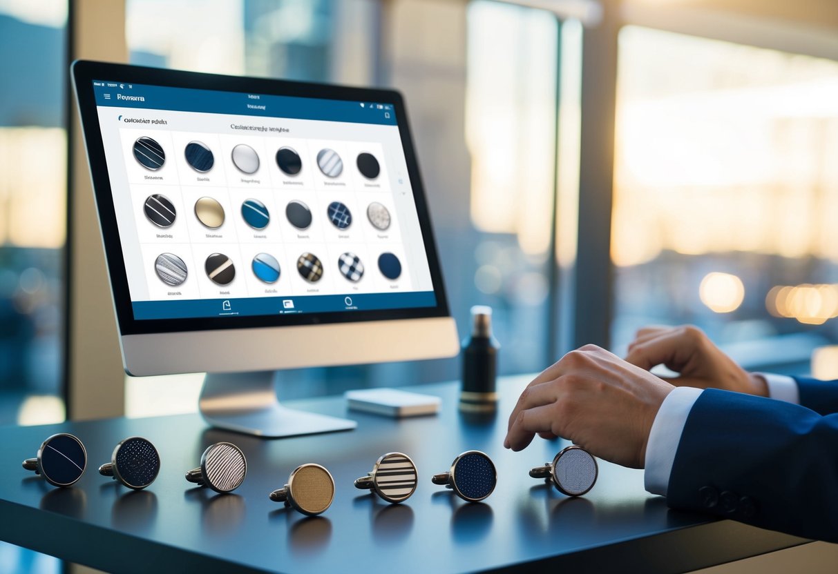 A table with various cufflink designs and materials. A computer screen showing customization options. A person selecting different options