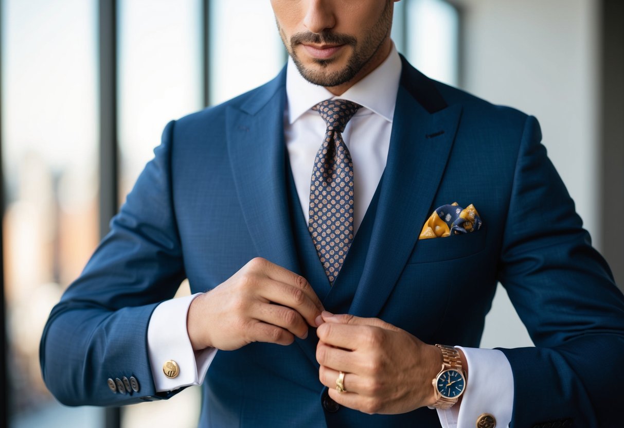 A well-dressed man carefully selects custom cufflinks to pair with a tailored suit, considering the color, pattern, and style to create a polished and sophisticated look