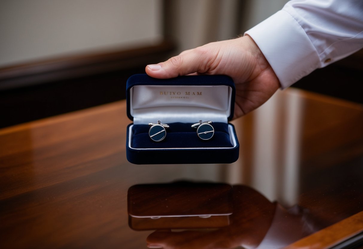 A hand holding a velvet box with custom cufflinks inside, displayed on a polished wooden surface with soft lighting