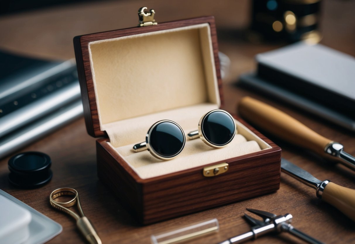 A handcrafted wooden box holds a pair of gleaming custom cufflinks, surrounded by delicate tools and materials for their care