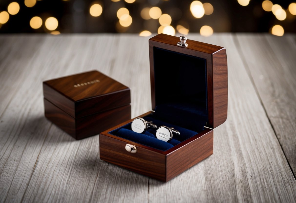 A handcrafted wooden box opens to reveal a pair of sleek, personalized cufflinks nestled in luxurious velvet. The cufflinks feature a custom design, adding a touch of sophistication to any formal attire