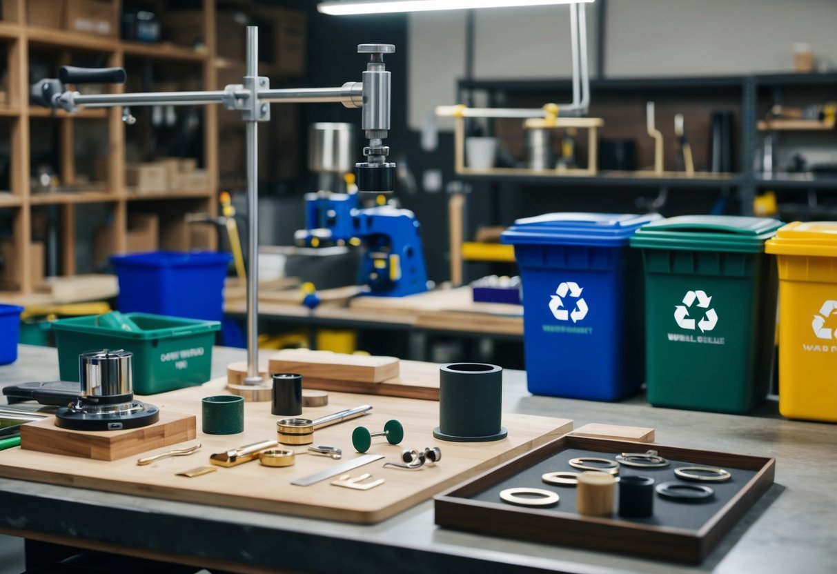 A workshop with sustainable materials, tools, and machinery for custom cufflink production. Waste management and recycling bins are visible