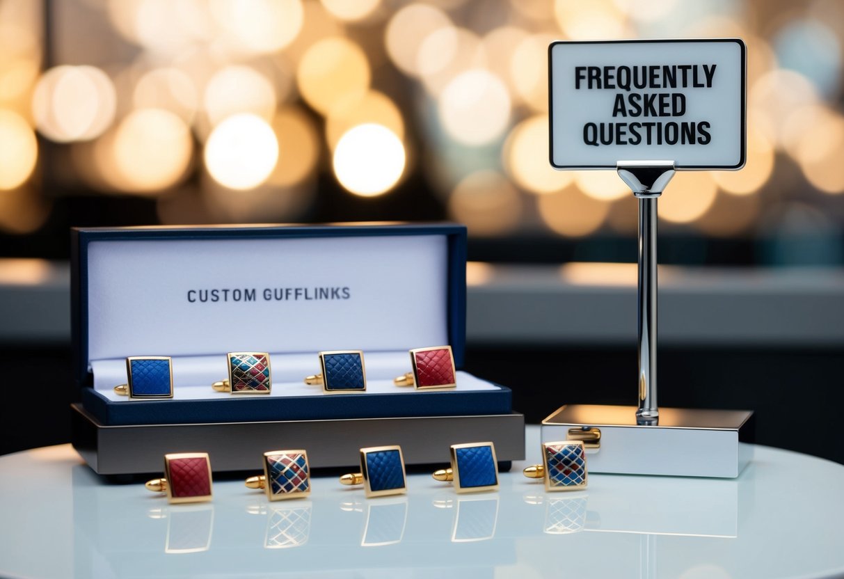 A collection of custom cufflinks displayed on a sleek, modern stand, with a sign indicating "Frequently Asked Questions" nearby