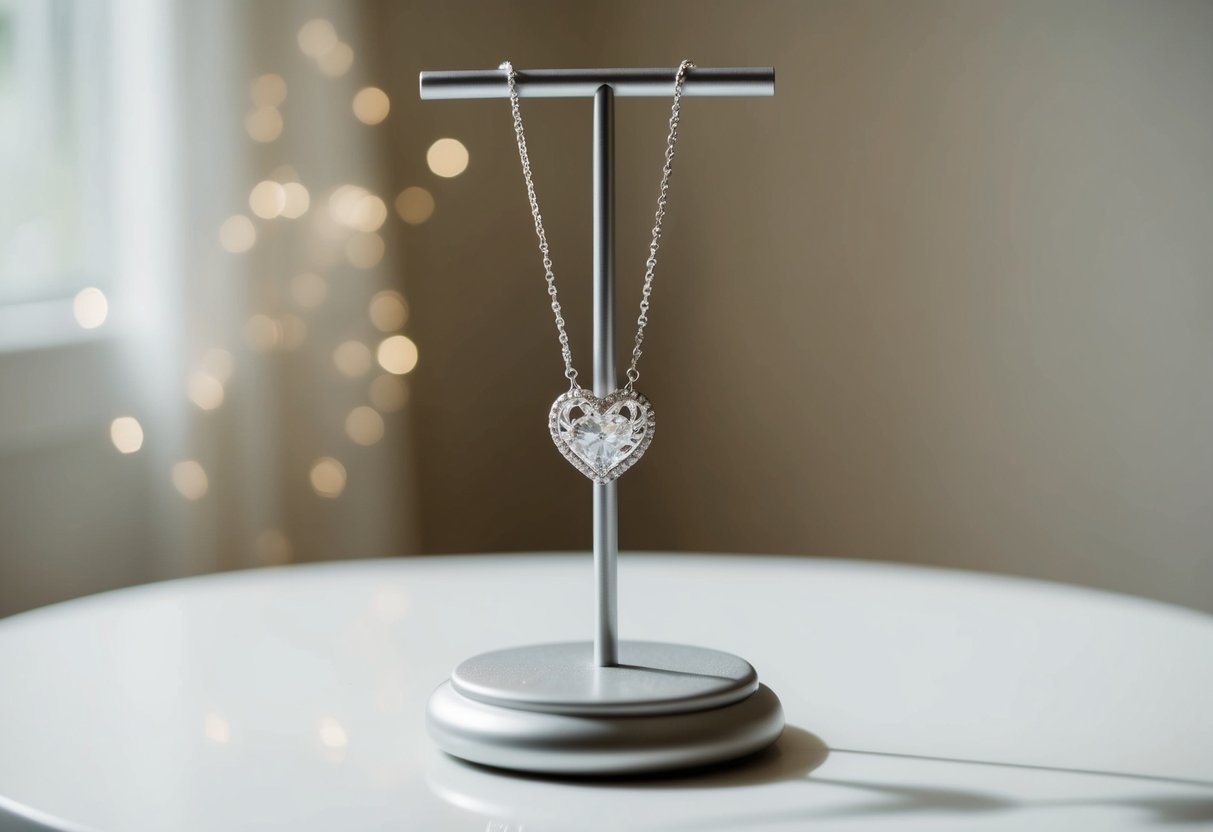 A delicate heart necklace hangs from a jewelry stand, catching the light and casting a soft glow in the room