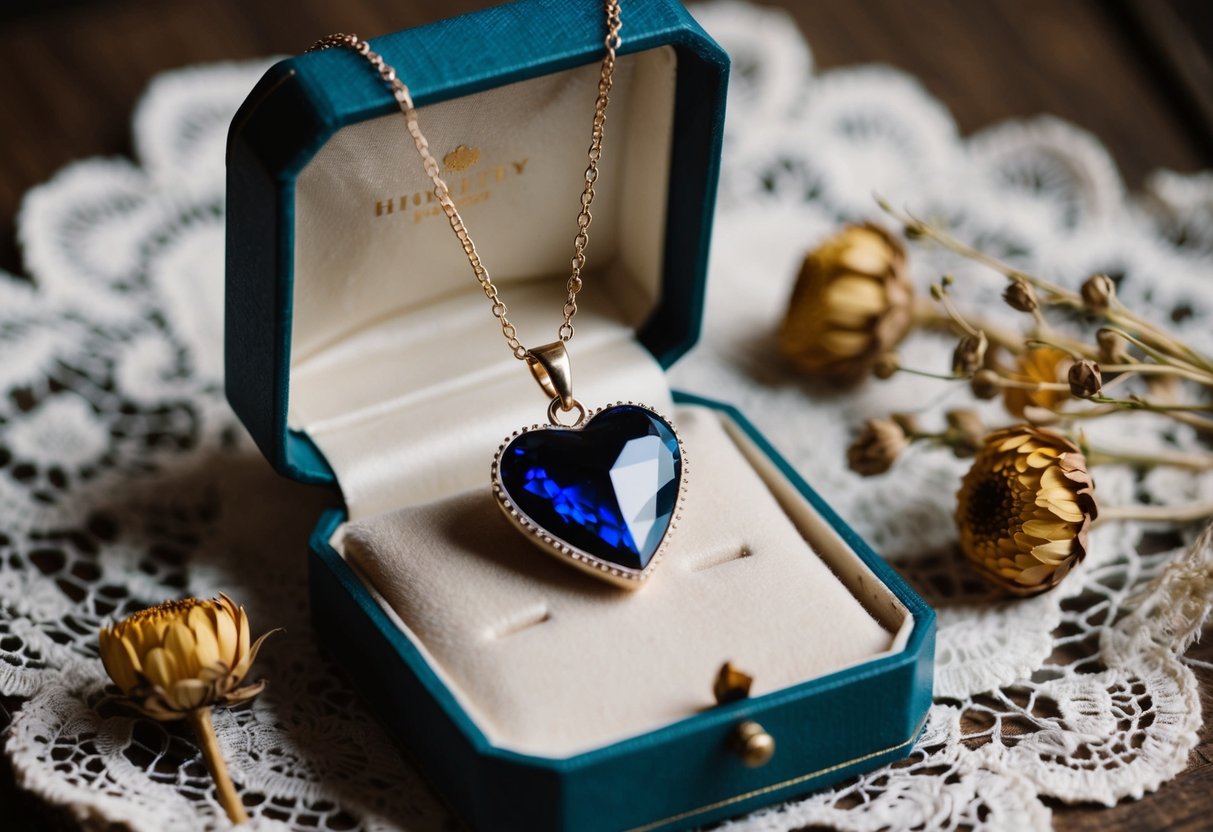 A heart necklace hanging from a vintage jewelry box, surrounded by delicate lace and dried flowers, evoking a sense of nostalgia and romance