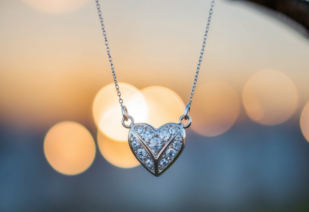 A heart necklace hangs from a delicate chain, catching the light and casting a soft glow