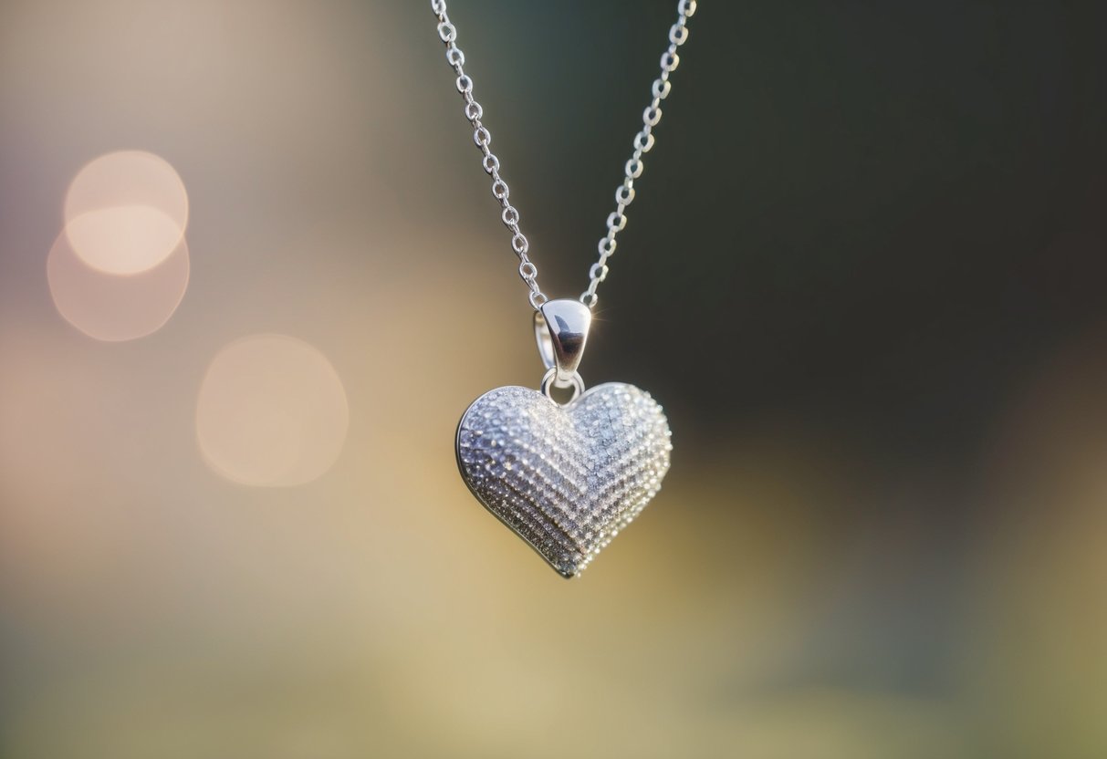 A delicate heart necklace, crafted from shimmering materials, dangles from a slender chain, catching the light and casting a soft glow