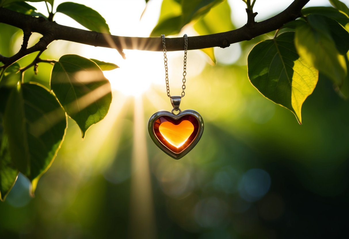 A heart-shaped necklace hanging from a tree branch, with rays of sunlight shining through the leaves, casting a warm glow on the pendant