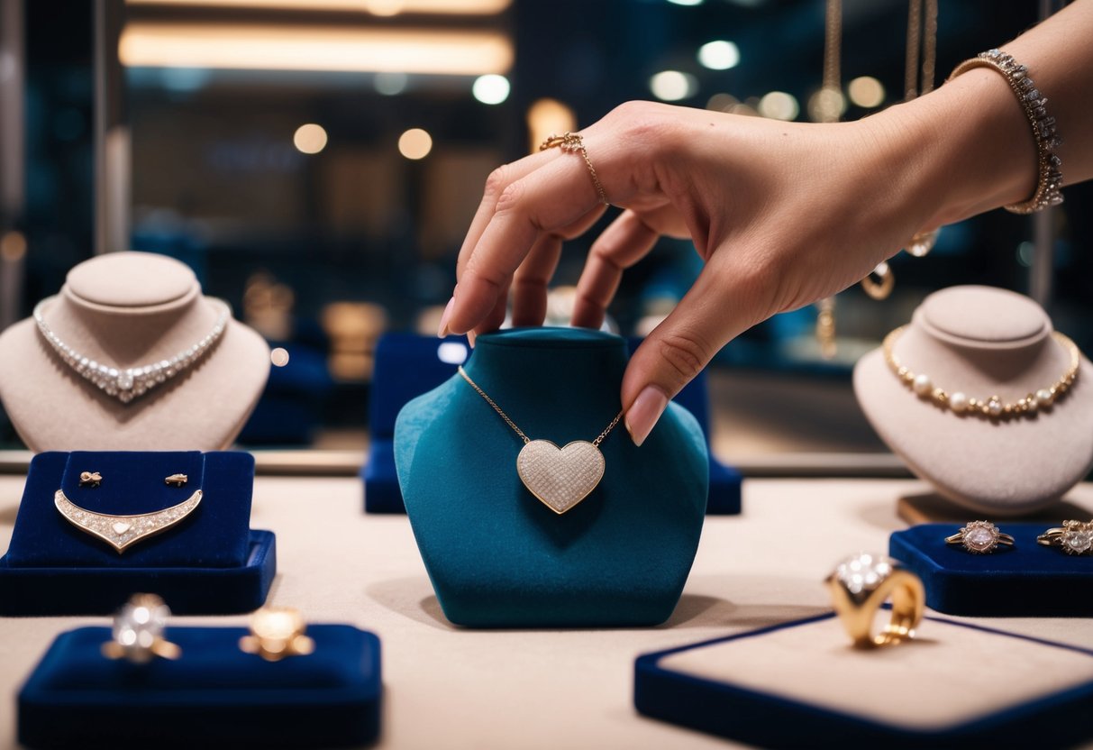 A hand reaches for a heart necklace on a velvet display stand, surrounded by other jewelry in a dimly lit jewelry store