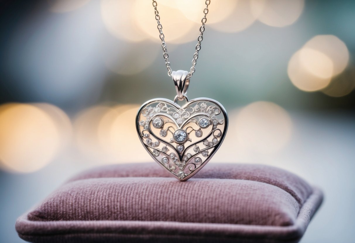 A delicate heart necklace hangs from a silver chain, resting on a soft velvet cushion. The pendant is adorned with intricate filigree and sparkling gemstones