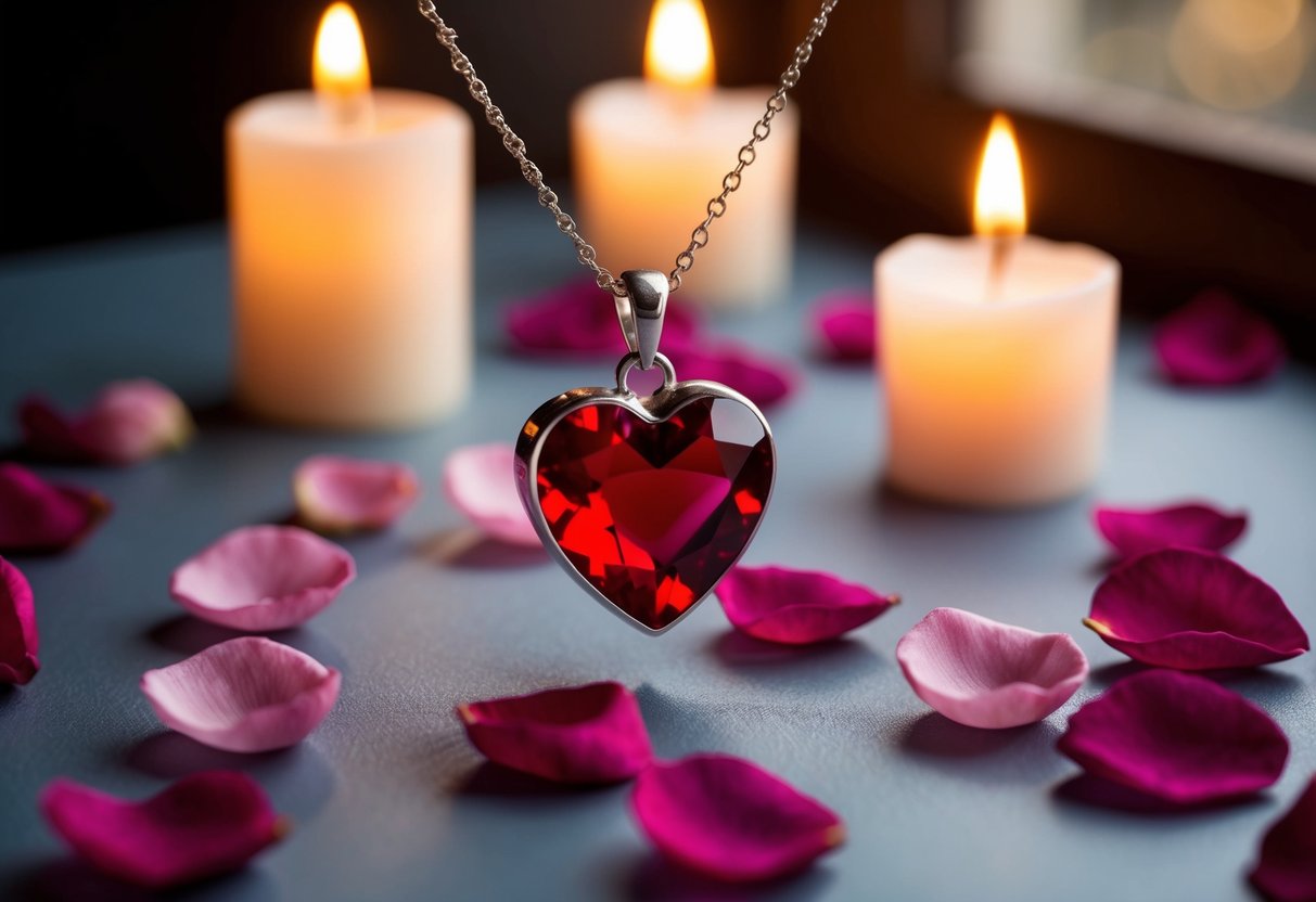 A heart necklace hanging from a delicate chain, surrounded by scattered rose petals and soft candlelight