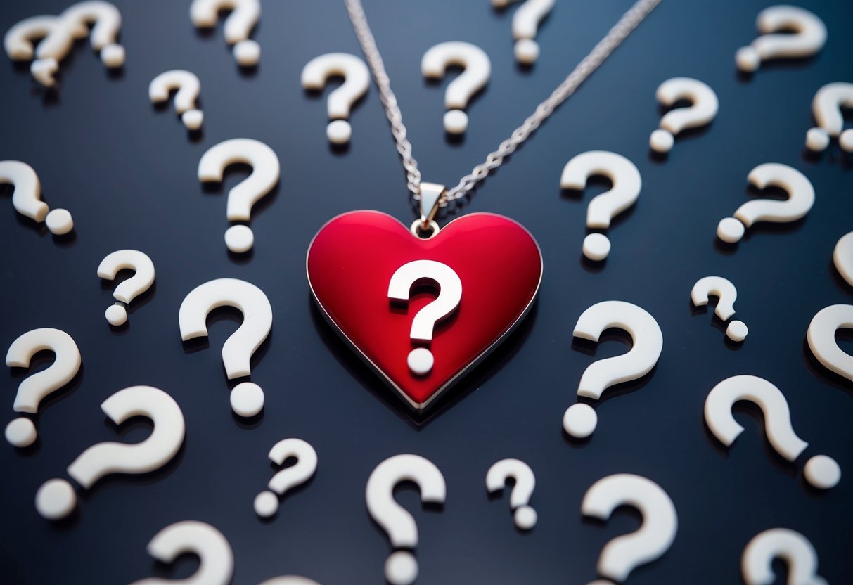 A heart-shaped necklace surrounded by a circle of question marks, symbolizing frequently asked questions