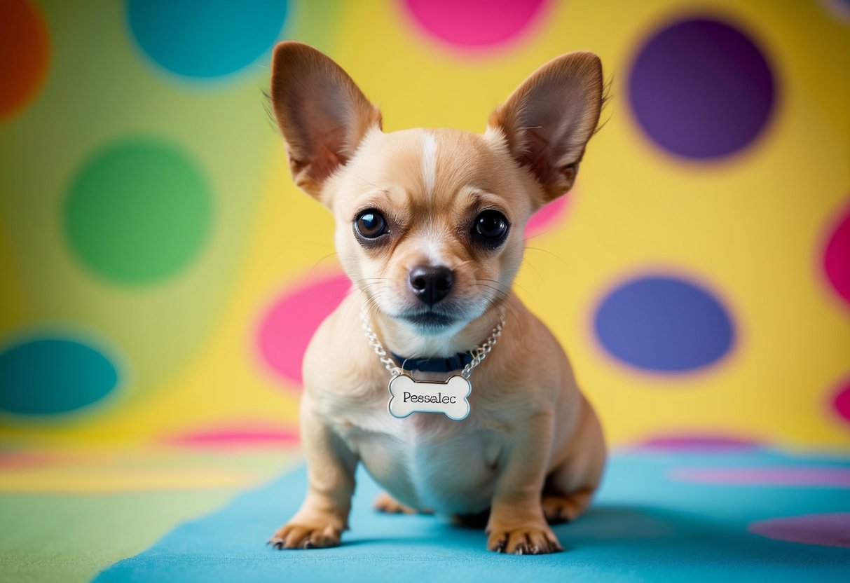 A small dog wearing a personalized necklace, with its name or a special message engraved on a pendant, sitting on a colorful background