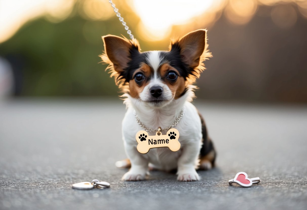 A small dog wearing a custom necklace with its name engraved on a bone-shaped pendant, surrounded by paw prints and heart charms