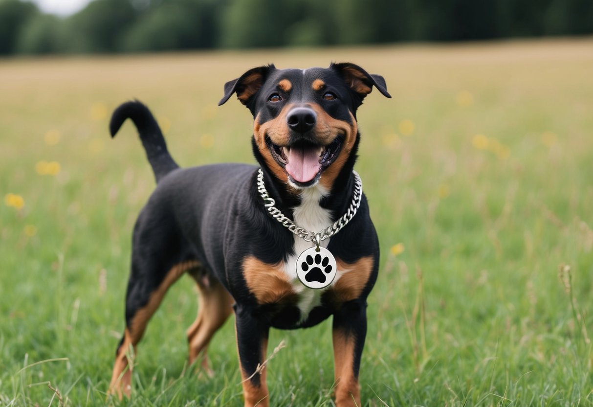 A happy dog wearing a personalized necklace with its name and a paw print charm, standing proudly in a grassy field