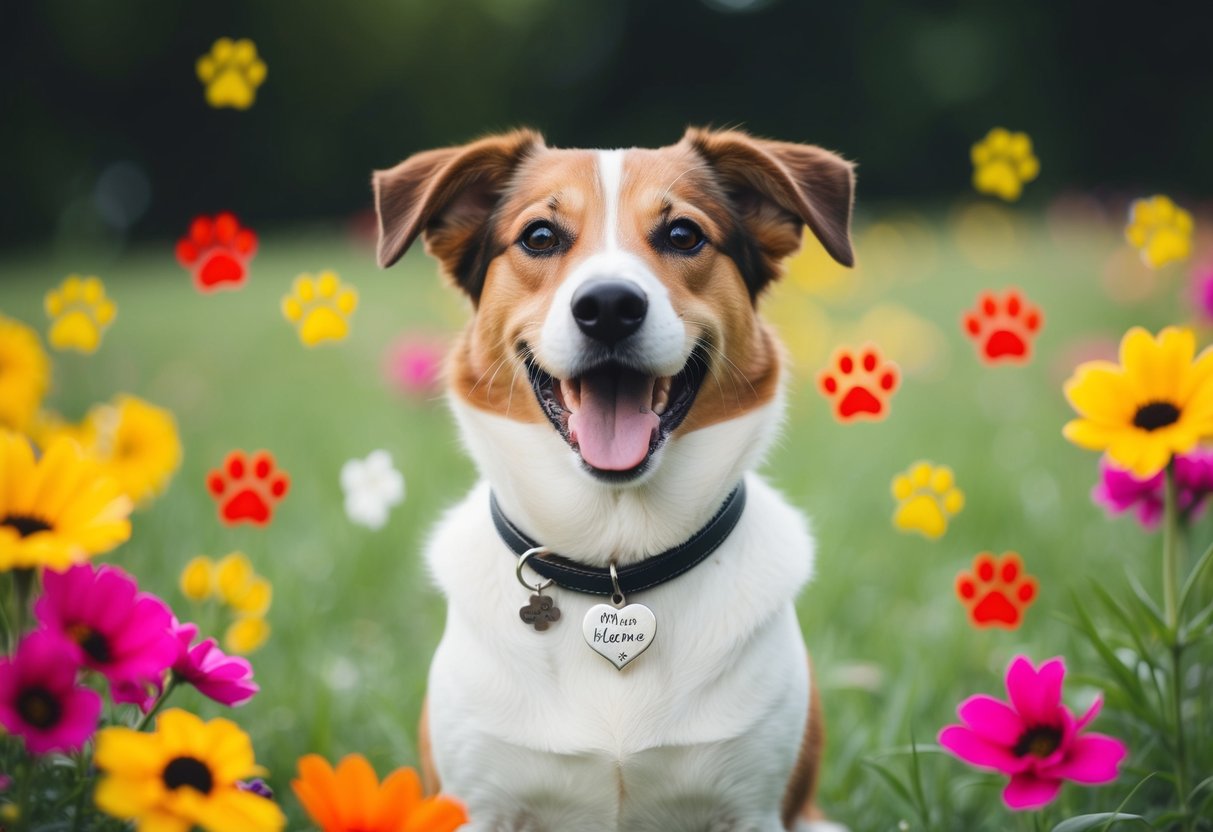 A happy dog wearing a personalized necklace with its name or a special charm, surrounded by colorful flowers and playful paw prints