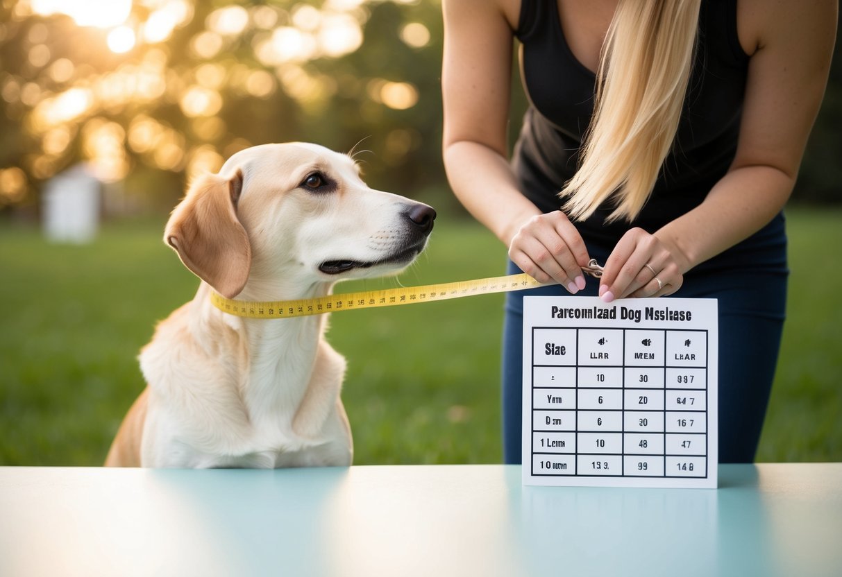 A person measures their dog's neck with a soft tape measure, then compares the measurement to a size chart for personalized dog necklaces