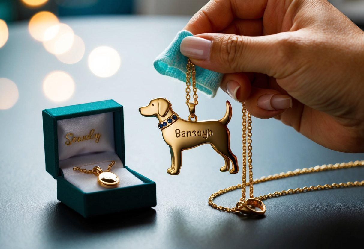 A hand gently wipes a personalized dog necklace with a soft cloth, inspecting it for any signs of tarnish or damage. A small jewelry box sits nearby, ready to store the necklace when not in use