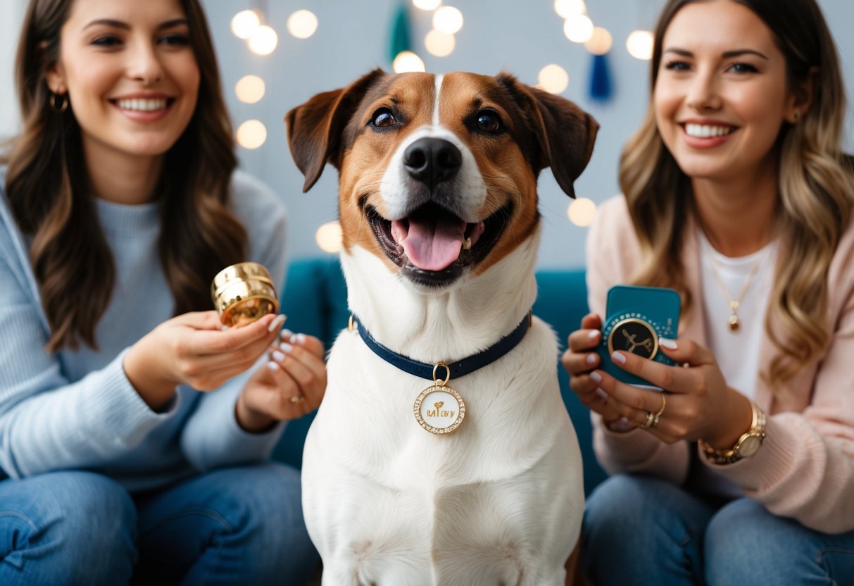 A happy dog wearing a personalized necklace with its name or a special charm, surrounded by trendy accessories and stylish pet owners