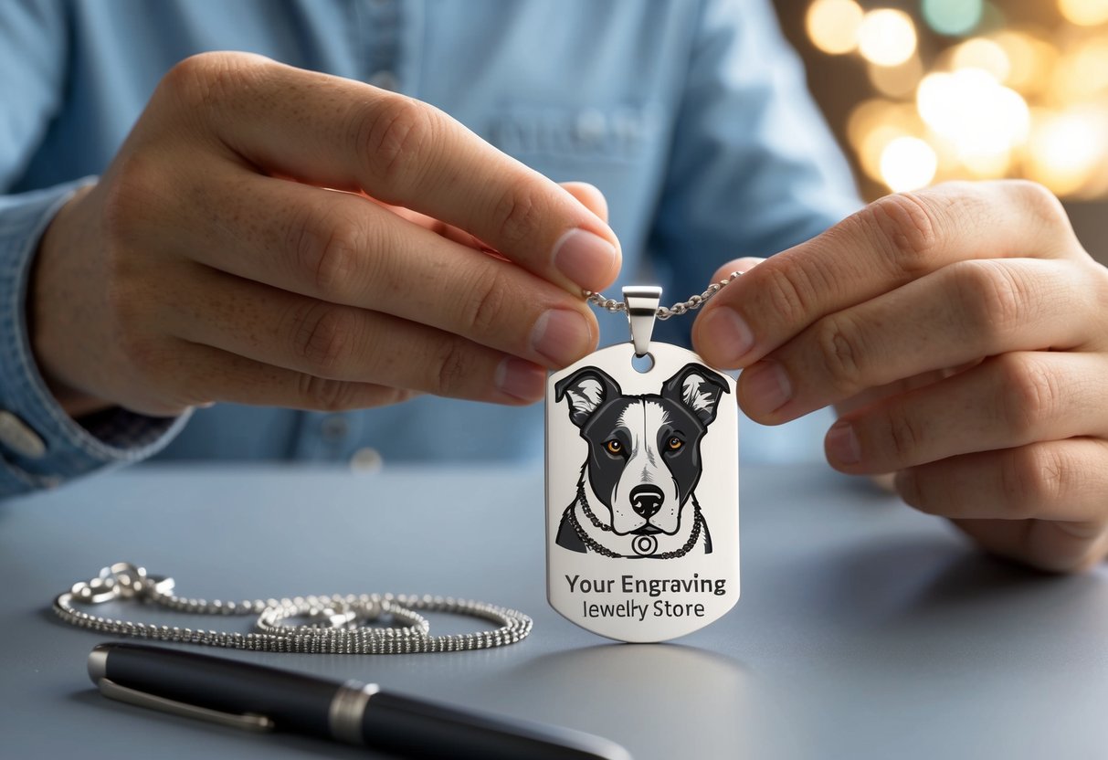 A person selects a dog pendant design, chooses a chain length, and adds a custom engraving at an online jewelry store