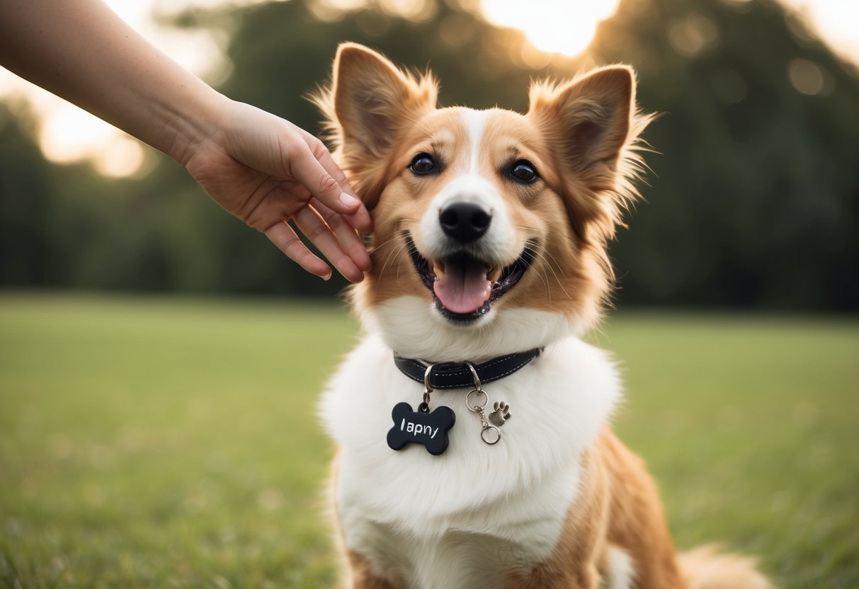 A hand places a personalized dog necklace on a fluffy collar. A happy dog looks up, wearing the necklace proudly