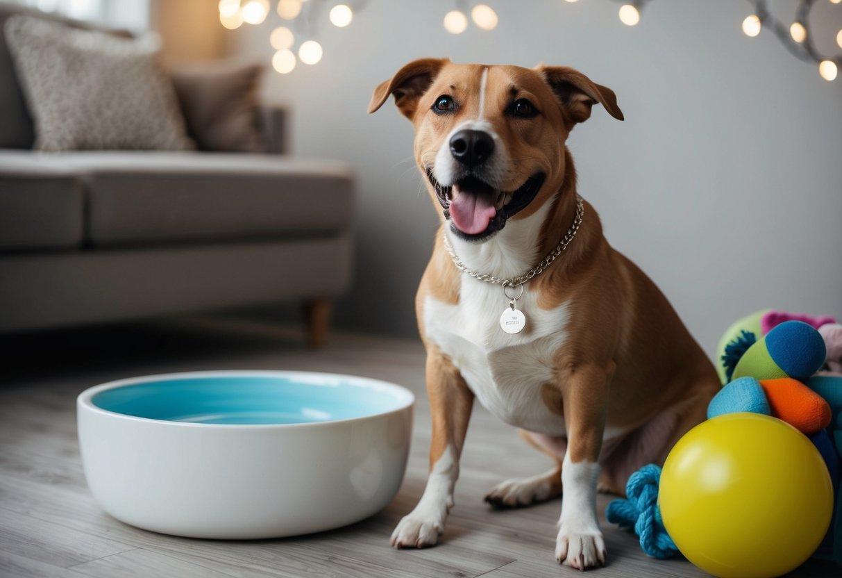 A happy dog wearing a personalized necklace with a tag and a small charm, sitting next to a bowl of water and a pile of toys