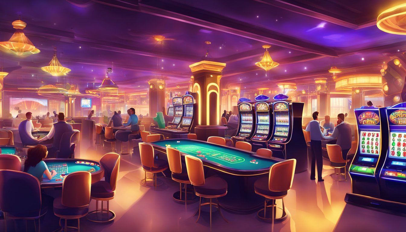 A vibrant online casino with flashing lights, slot machines, and card tables. Customers are enjoying games and drinks in the lively atmosphere