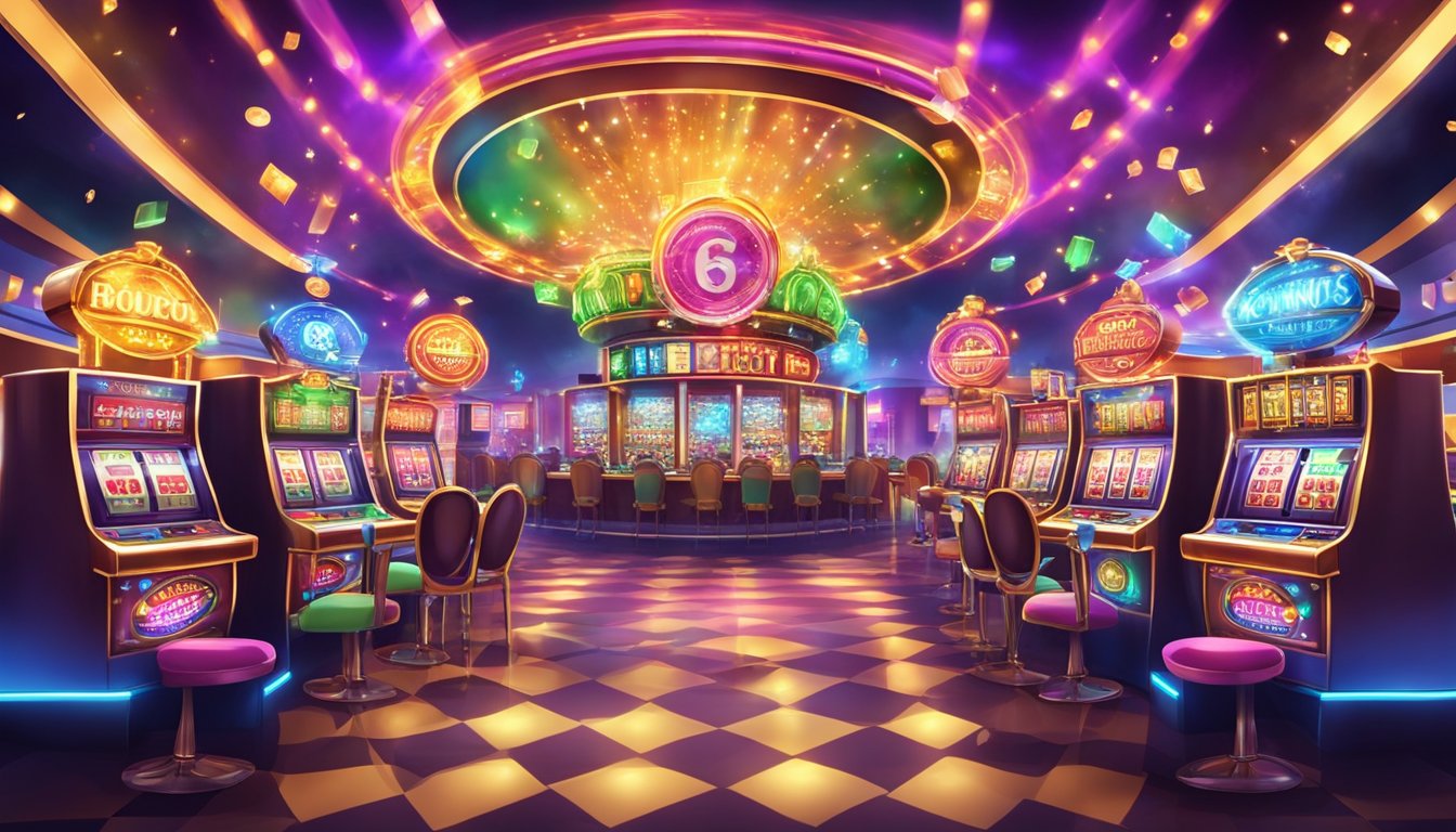 A colorful casino with flashing lights and banners promoting bonuses and promotions. Excited patrons play games and enjoy the lively atmosphere