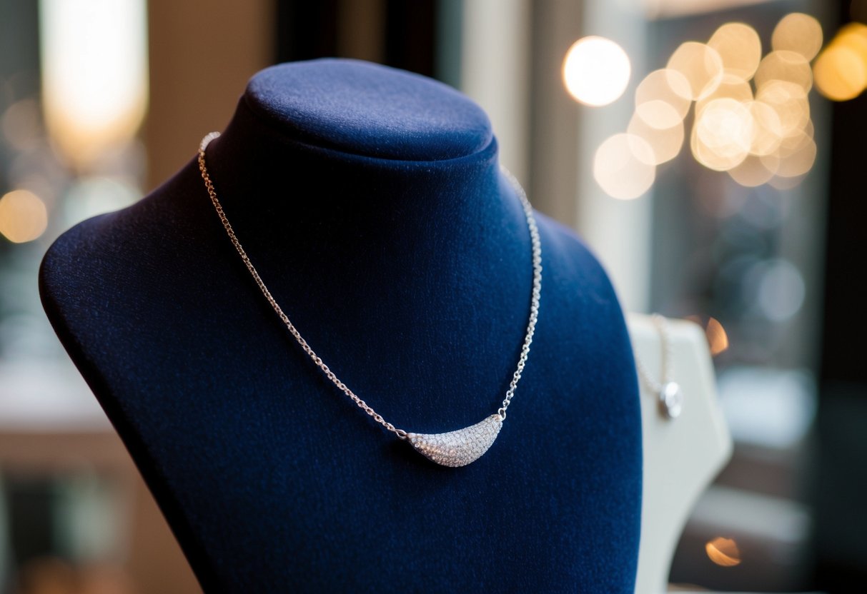 A silver necklace draped over a velvet jewelry display, catching the light with its delicate chain and shimmering pendant