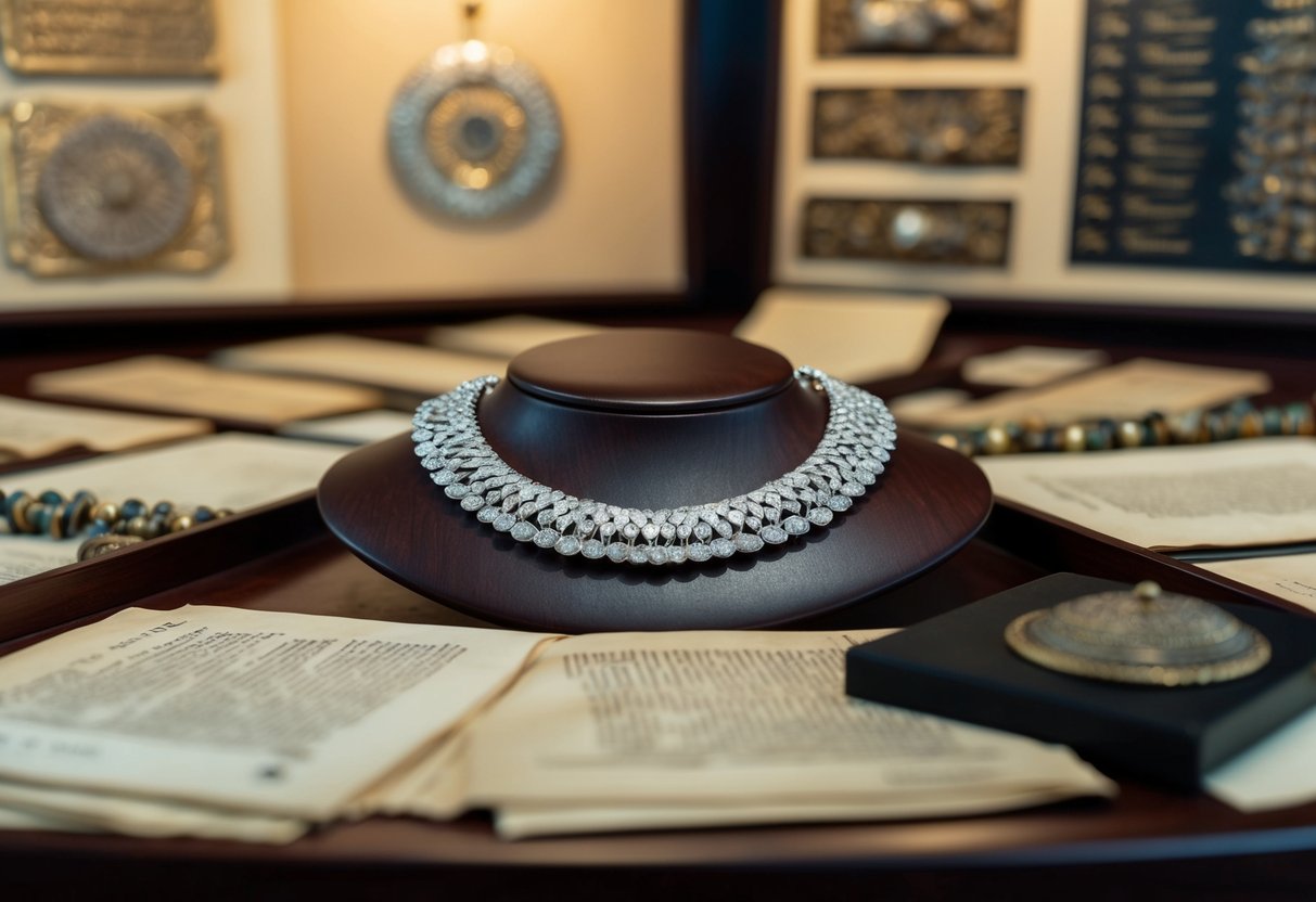 A silver necklace lies on a wooden display, surrounded by ancient artifacts and historical documents